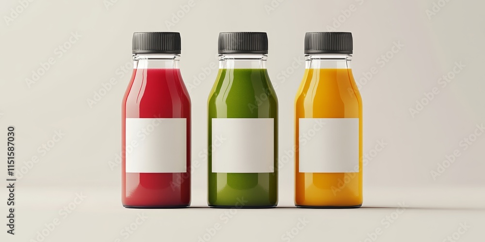 Poster juice bottle mock up featuring three bottles presented with a blank label for customization. this ju