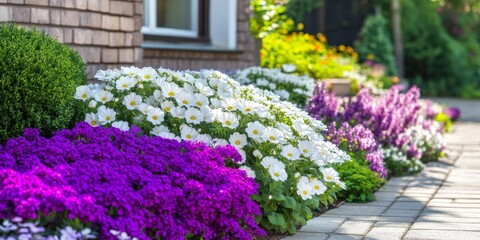 Street garden featuring beautiful white, lilac, and purple flowers in geometric shapes, creating a vibrant scene in a lovely street. Experience the charm of this picturesque street garden.