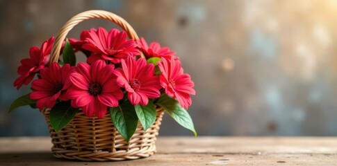 Vibrant red flowers arranged in a wicker basket, , red flowers
