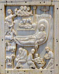 Rome, Italy - January 25th 2024: Nativity, Constantinople, late 10th to early 11th century AD, ivory