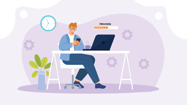 A seamless illustration of office productivity, featuring workers engaged in tasks like typing, collaborating in meetings, managing documents, and using computers, all in a cohesive, flow-like design.