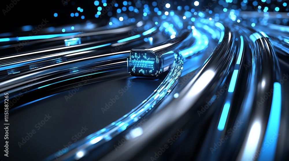 Poster optical fiber cables securely connected to a data center setup glowing with data transmission activi
