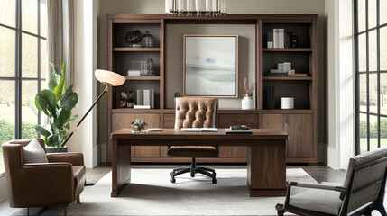 Modern Luxury Home Office Interior Design with Wooden Desk and Leather Chair