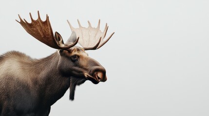 Fototapeta premium Majestic Moose Portrait with Impressive Antlers Against a Soft Gray Background for Nature and Wildlife Photography Enthusiasts