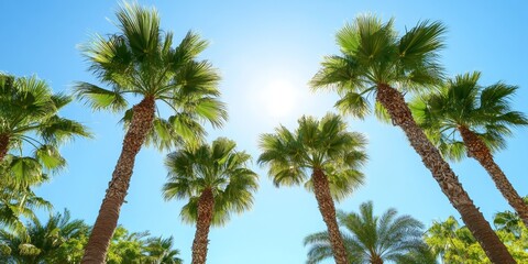 Obraz premium Vibrant and healthy palm trees stand tall in a lush tropical environment, showcasing freshly trimmed foliage that highlights the beauty of palm trees in their natural habitat.