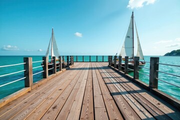 Obraz premium Weathered wooden pier deck with sailboats and nautical elements, wooden pier, ocean scenery