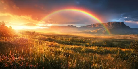 Dawn light illuminates a stunning landscape, featuring a vibrant rainbow that enhances the beauty of the landscape, creating a magnificent scene of nature at its finest.
