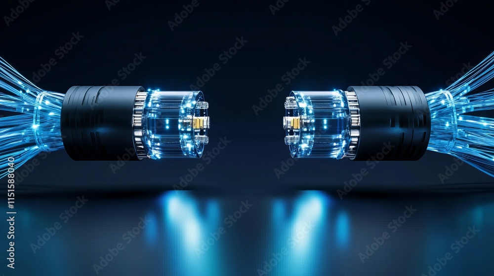 Poster two fiber optic cables glowing brightly connected and transmitting data with dynamic light effects s