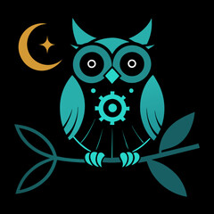 Mysterious Steampunk Owl Design with Gears and Moonlit Glow For T-shirt Design