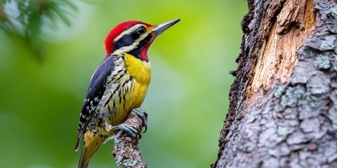 Naklejka premium Male Yellow bellied Sapsucker gripping a tree bark, blending into the surroundings with partial camouflage, showcasing its vibrant red crown and throat in striking detail.