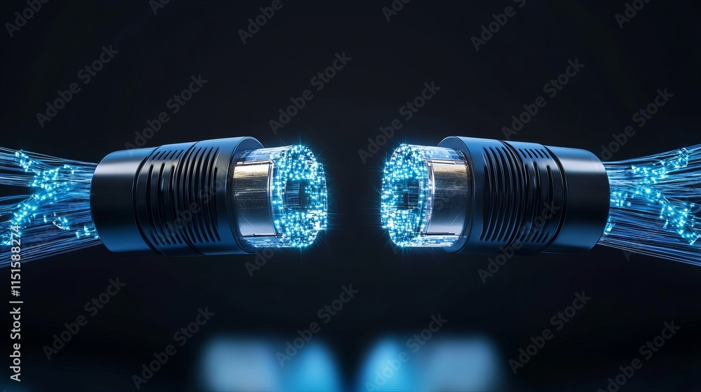 Poster two fiber optic cables glowing brightly connected and transmitting data with dynamic light effects s