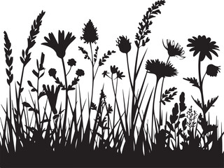 Botanical Silhouette Art of Wildflowers and Grasses in a Detailed Meadow Sense