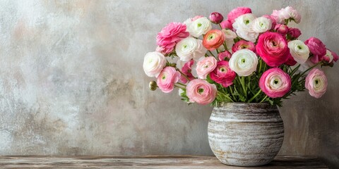 Obraz premium A rustic table holds a textured vase filled with pink and white Ranunculus flowers, showcasing their beauty and vibrant colors. The pink and white shades of Ranunculus stand out beautifully.