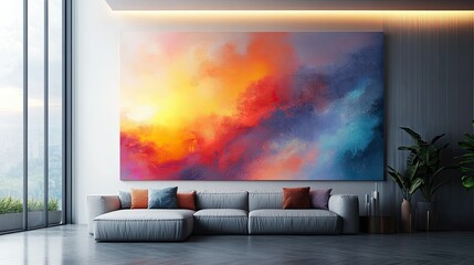 Vibrant Abstract Sunrise Painting in Modern Living Room