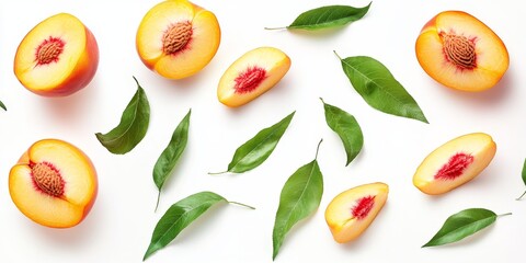 A juicy, ripe peach accompanied by its green leaves and cut into segments for a delightful presentation. The fresh, sliced segments enhance the peachs appeal.