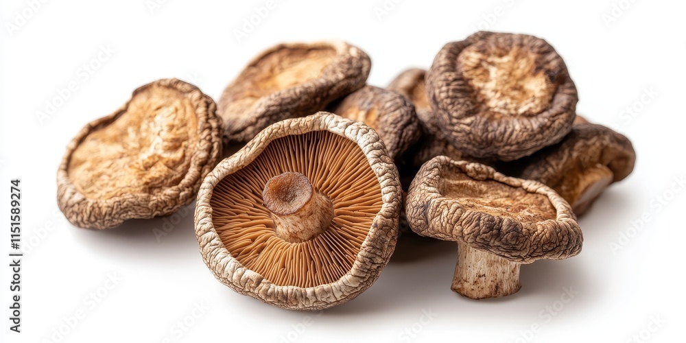 Poster dried shiitake mushrooms displayed against a white background, showcasing the unique texture and col
