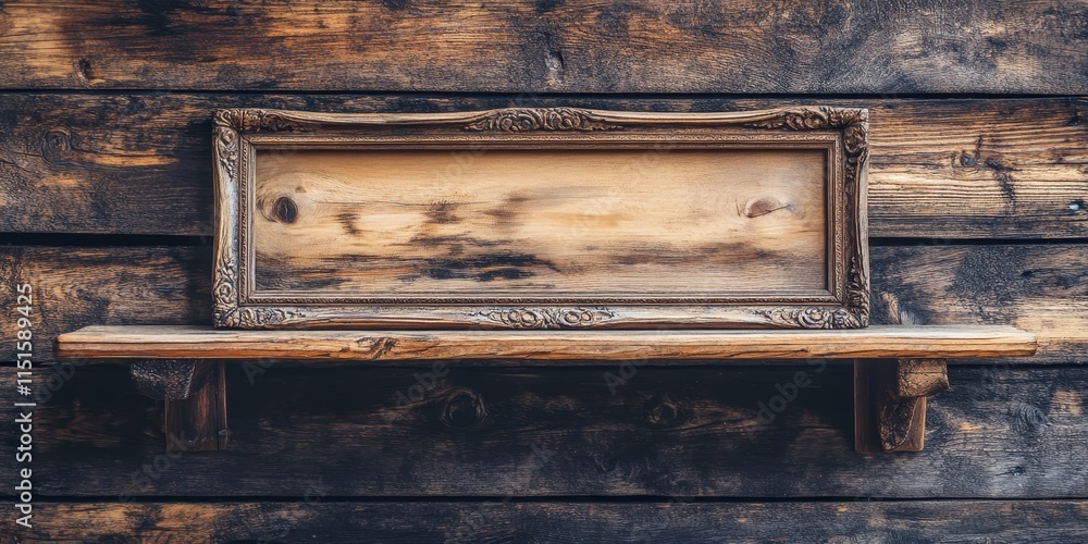 Poster wooden shelf with a decorative frame displayed against a rustic wooden background, creating an invit