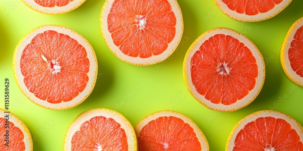 Aufkleber top view showcasing vibrant grapefruit slices arranged on a bright green background. this saturated 