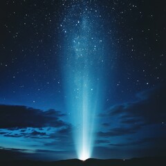 a bright beam of light shines through the night sky full of stars