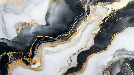 Abstract Black, White, and Gold Fluid Art: Elegant Swirls and Marble Texture
