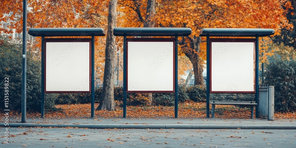 Poster empty isolated posters featuring space designated for text at a bus stop, arranged in a collage form