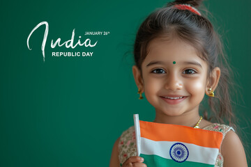 A young child holding the Indian flag with joy, set against a green background