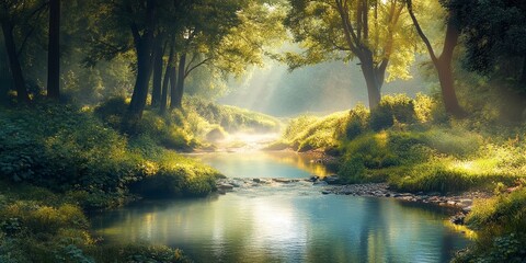 Obraz premium Serene small river meandering through a lush forest, creating a tranquil atmosphere as the small river reflects the beauty of nature surrounding it.