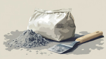 Trowel and cement powder are placed in a bag package. Cinder. Illustration
