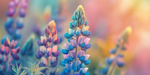 Obraz premium Background featuring the delicate beauty of lupine flowers, showcasing the intricate details and vibrant colors of the lupine, perfect for nature themed projects or designs.