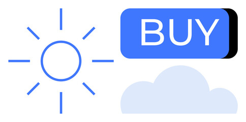 Vibrant sun with rays, soft cloud, and a bold blue Buy button represent a mix of weather, e-commerce, technology, nature, digital marketing, online shopping, and graphic design. Line metaphor