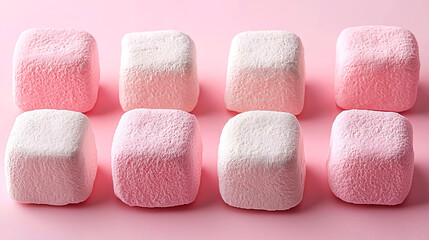 Eight pink and white marshmallows arranged in rows on a pink background.