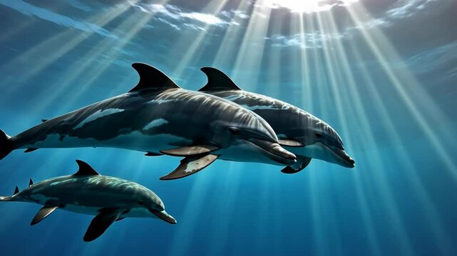 Video footage of Three dolphins swim gracefully underwater, illuminated by sun rays penetrating the ocean's surface