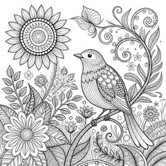 Intricate Black and White Bird and Sunflower Mandala with Floral and Vine Patterns