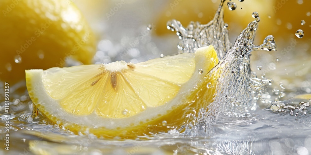Poster vibrant splash of water cascading from a lemon slice creates a stunning visual. this beautiful lemon