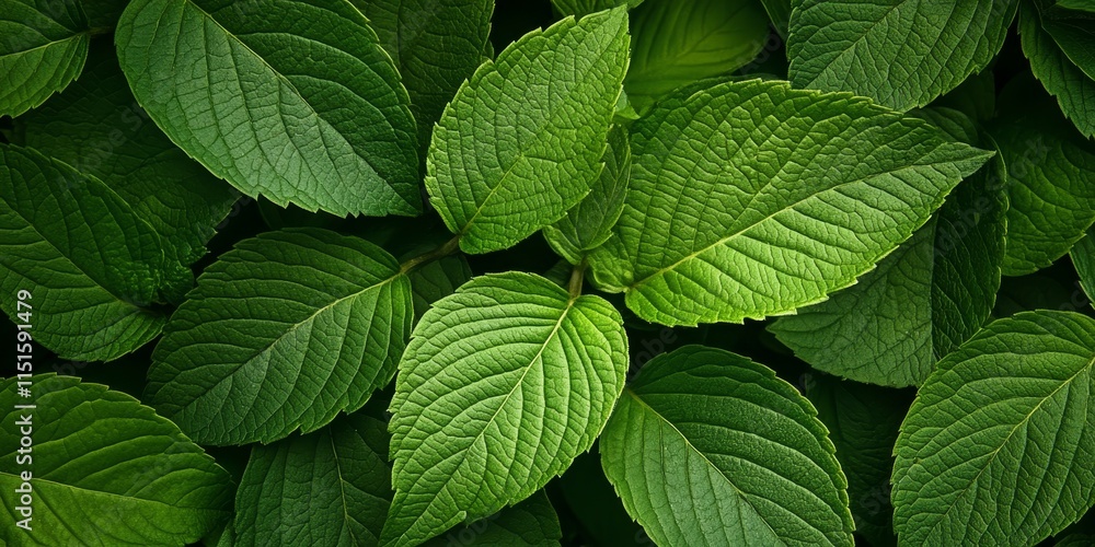 Poster close up of green leaves showing intricate texture, creating a lush background filled with vibrant s