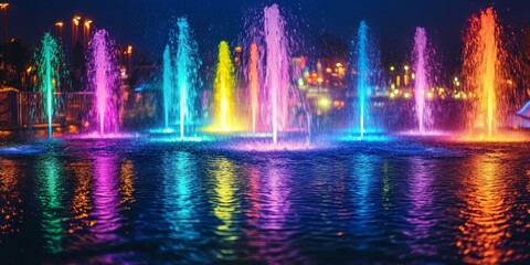 Vibrant water spray from a colorful fountain creates a stunning visual display at night, highlighting the beauty of the colorful fountain as it dances under the night sky.