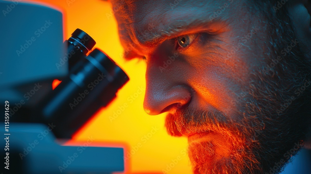 Poster close up scientist using microscope lab research discovery