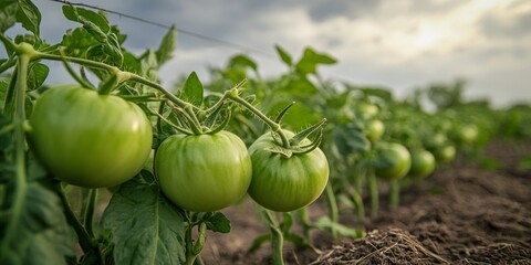 Tomato planting featuring lush green tomatoes in a field under overcast skies. The process of tomato planting showcases the growth of green tomatoes, highlighting the importance of optimal weather.