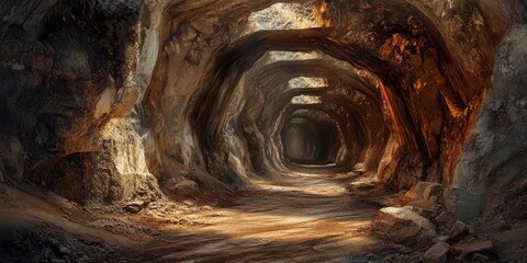 Explore the intriguing underground chalk mine tunnel, featuring a beautifully toned corridor that invites adventure into the depths of the earth, revealing the unique formations of the chalk mine.