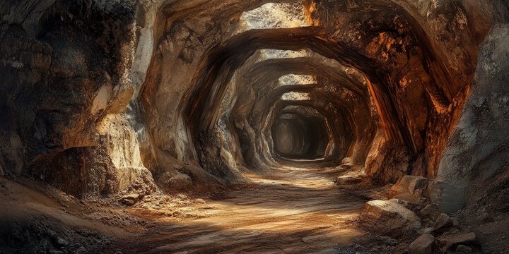 Explore the intriguing underground chalk mine tunnel, featuring a beautifully toned corridor that invites adventure into the depths of the earth, revealing the unique formations of the chalk mine.