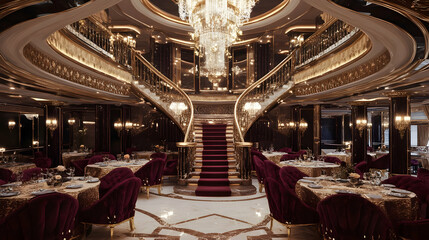 Opulent Restaurant Interior Design: A Grand Staircase and Exquisite Dining