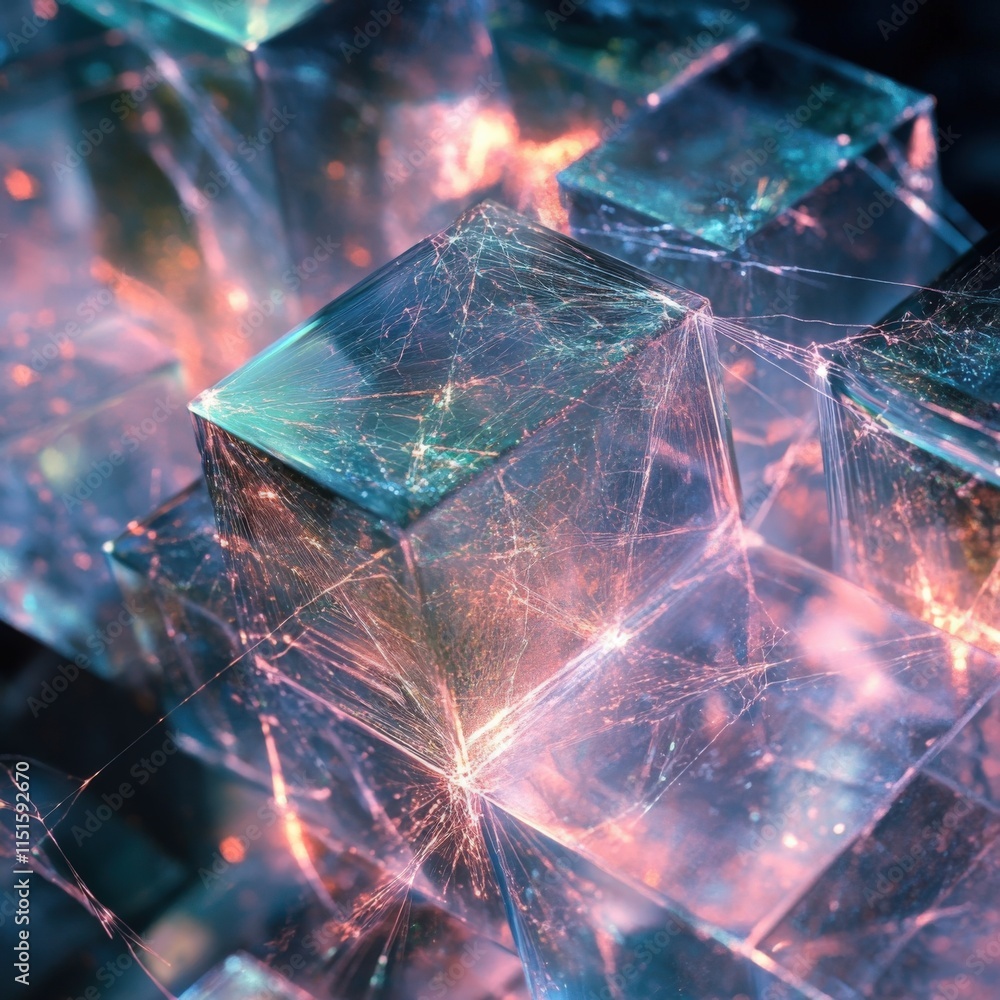 Aufkleber abstract 3d render of connected cubes with bright glowing lines