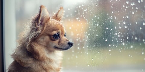 Obraz premium Adorable small dog sitting by the window on a rainy day, with water drops on the glass. This cute dog appears bored or sad while enjoying the cozy indoor atmosphere at home.