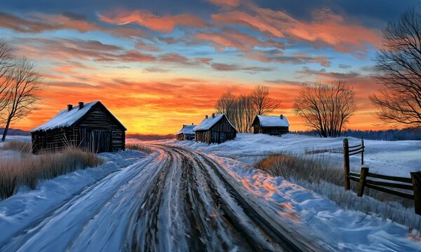 Serene Winter Sunset Over Rustic Cabins