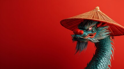 Blue Chinese dragon with traditional bamboo hat. Creative Chinese New Year theme with red background and copy space.