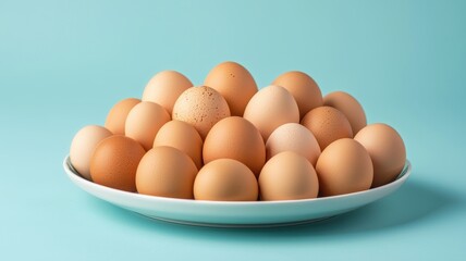 Fresh Brown Eggs in Bowl Pastel Blue Background Food Photography