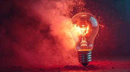 Light bulb surrounded by smoke with red background and copy space.