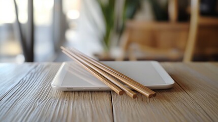 Two pairs of chopsticks on a modern white tablet. Set on a wooden table with a blurred background.