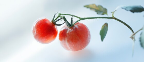 Obraz premium two red tomatoes growing on a branch