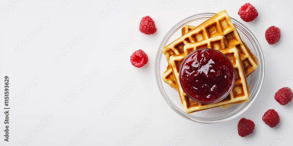 Poster delicious viennese waffles served with raspberry jam in a glass bowl, set against a white background